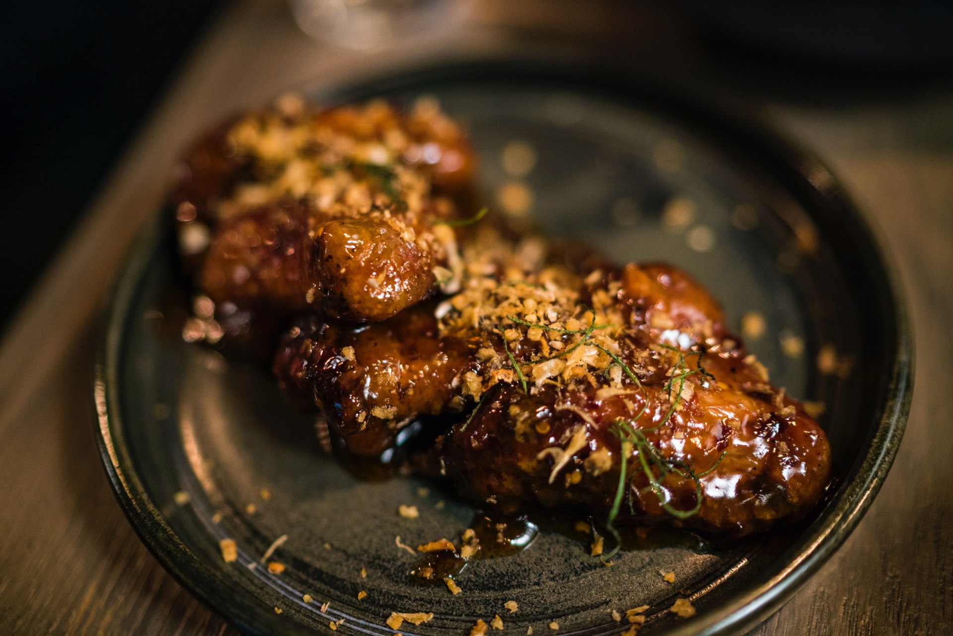 Sticky glazed crispy chicken tapas