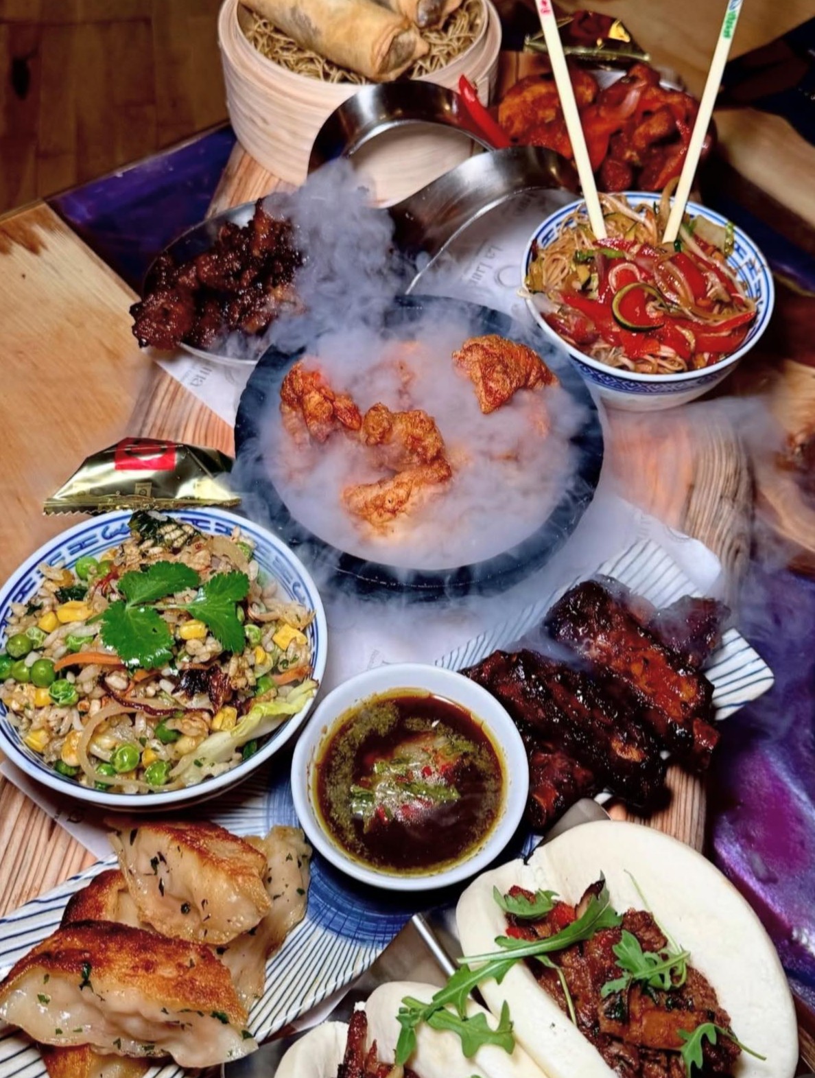 Fritto Misto sharing board with steaming dry ice